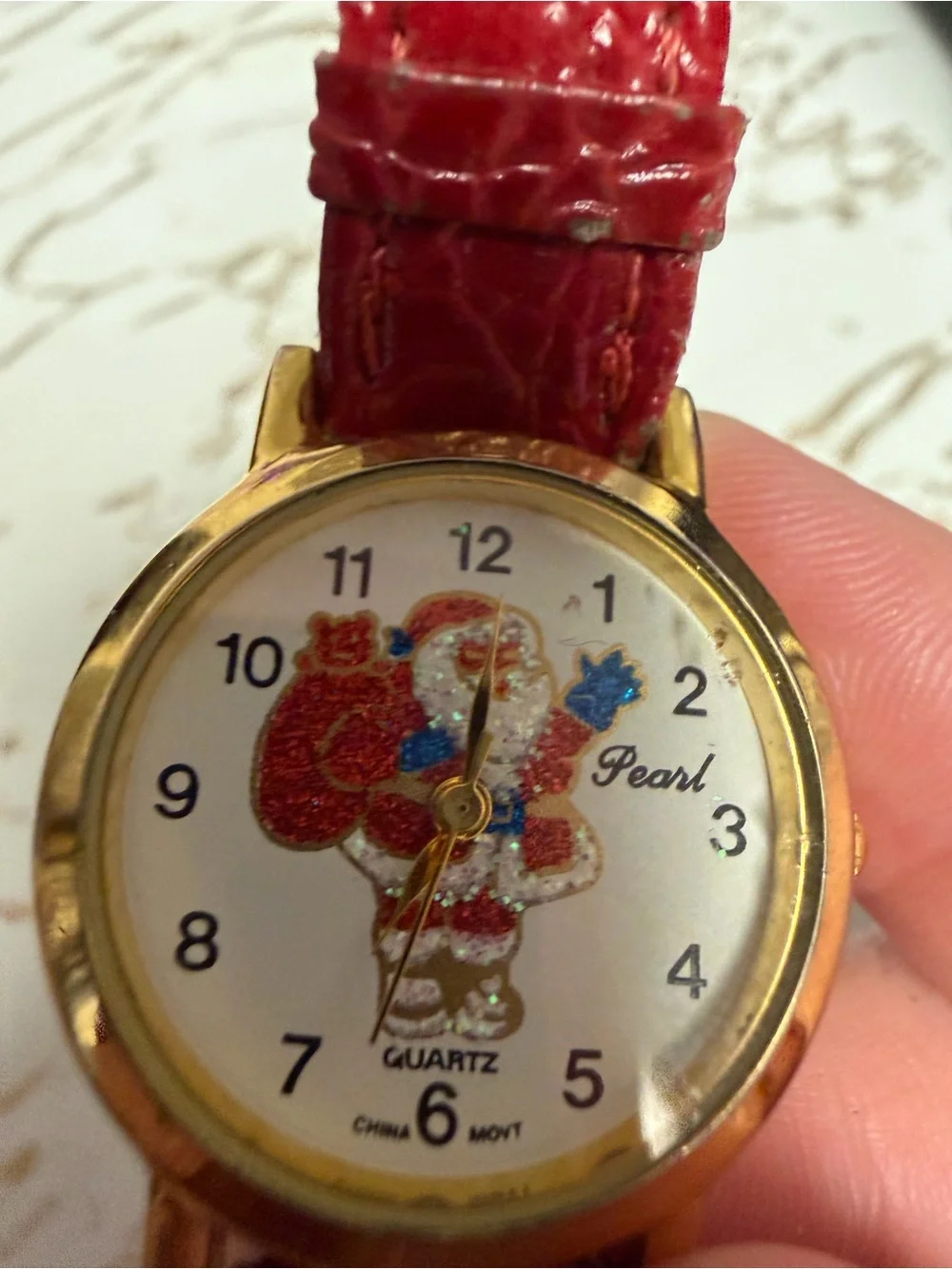 Vintage Pearl Santa Claus Quartz Watch Glitter Christmas Gold Tone Needs Band